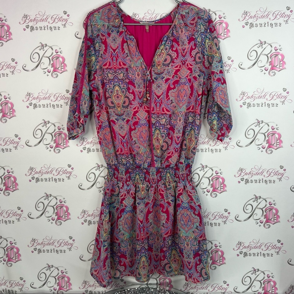 ESQUALO dress paisley bright tie up beaded strings Pink Dress with Paisley Trim